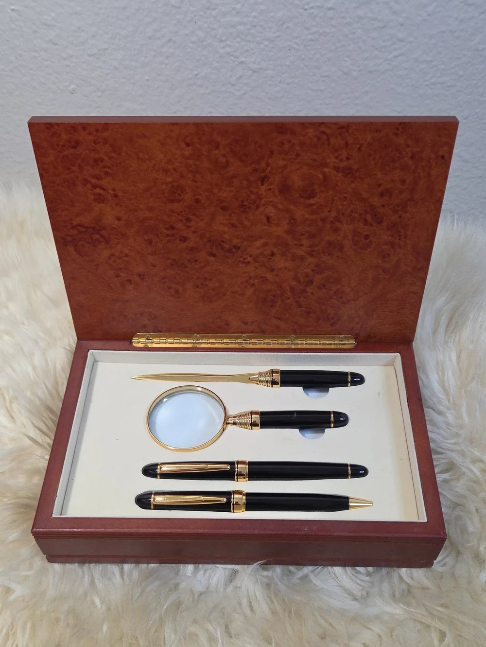 Vintage Executive Desk Set Black Gold Pens Magnifier Letter Opener Boxed